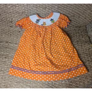 Stelly Belly Halloween Smocked White Polka Dot Orange Dress Size 2T Owls